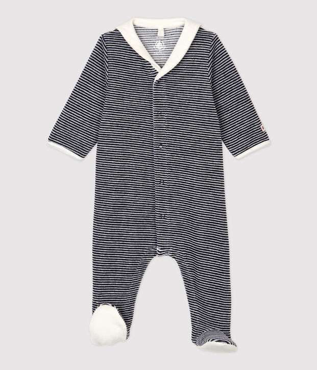 Baby-Strampler aus Bio-Baumwoll-Velours mit gestreiftem Kragen blau/weiss